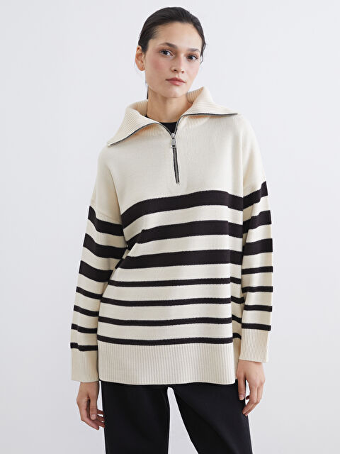 LCW Modest Striped oversized knit tunic with a stand-up collar. - S6IF24Z8-LEG
