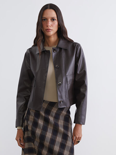 LCW Vision Gömlek Yaka Kadın Deri Görünümlü Ceket - S6IH68Z8-CT9