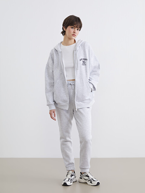 XSIDE Gri New Jersey Nakışlı Kadın Kalın Fermuarlı Sweatshirt