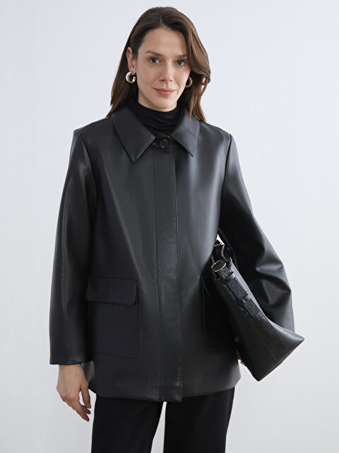 LCW Grace Shirt Collar Women's Leather Look Jacket - S6IJ97Z8-CVL