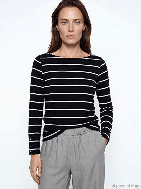 LCW Grace Slash Neck Striped Women's T-Shirt - S6IK95Z8-LEG