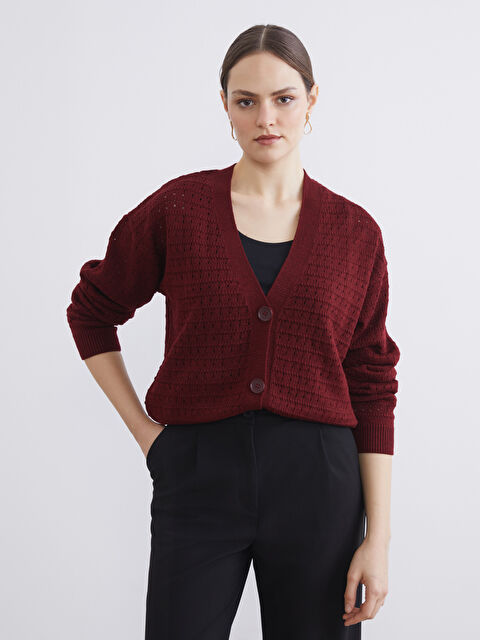 LCW Vision V-Neck Openwork Knit Cardigan - S6IM91Z8-21P