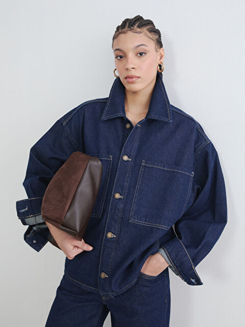 LCW Vision Gömlek Yaka Oversize Kadın Jean Ceket - S6IP97Z8-309