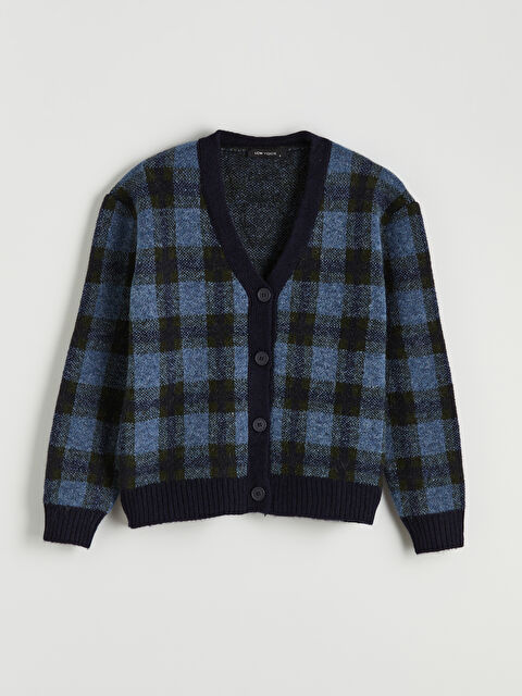 LCW Vision V Yaka Ekose Oversize Kadın Triko Hırka - S6IR35Z8-LLC