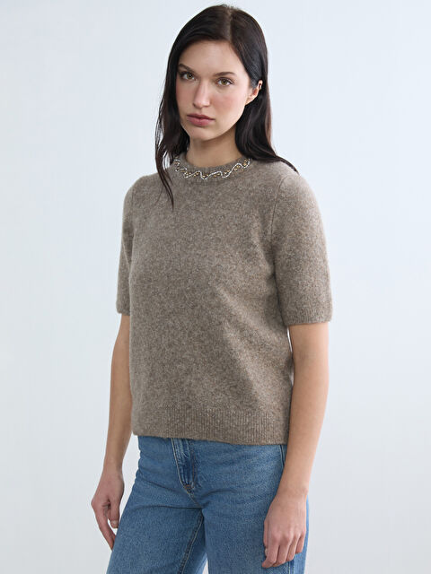 LCWAIKIKI Classic Bisiklet Yaka Taşlı Kadın Triko Kazak - S6J204Z8-1SN