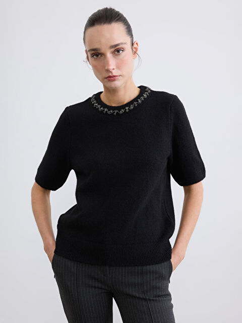 LCWAIKIKI Classic Bisiklet Yaka Taşlı Kadın Triko Kazak - S6J204Z8-CVL