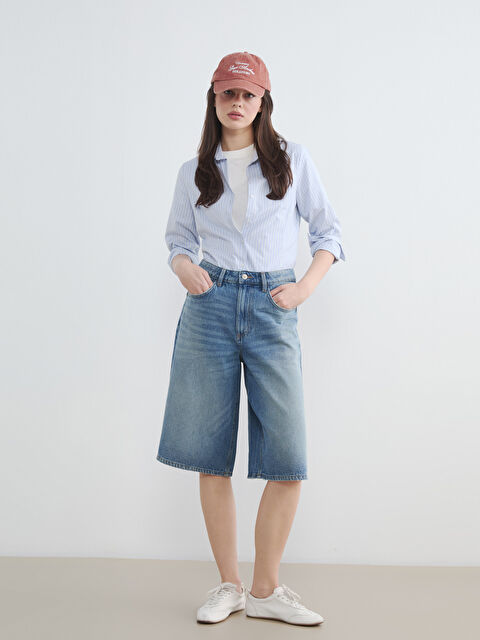 LCW Jeans жоғары белді бермуд қондырмалы әйелдерге арналған деним шолақ шалбар - S6J327Z8-507