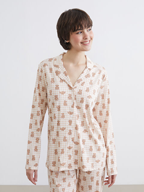 LCW Young Gömlek Yaka Ayı Baskılı Kadın Pijama Üstü - S6J382Z8-LT6