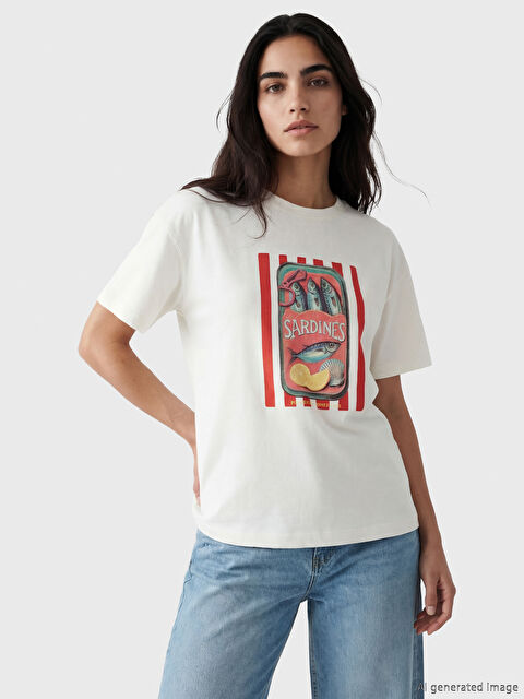 LCW Vision Bisiklet Yaka Baskılı Oversize Kadın Tişört