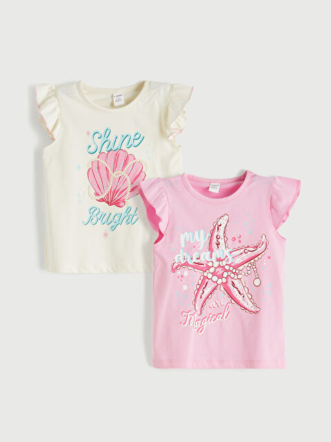 LCW Kids بلوزة بنات بطبعة وياقة دائرية مع كشكشة - عبوة من قطعتين - S6J864Z1-FDL