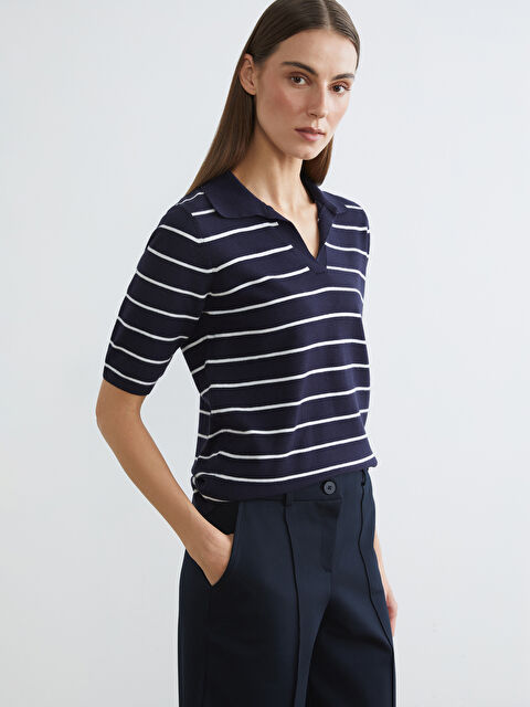 LCWAIKIKI Classic Polo Yaka Çizgili Kadın Triko Kazak - S6JA75Z8-LGS