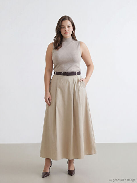 LCWAIKIKI Classic Beli Kemerli Pileli Etek - S6JB47Z8-CR8