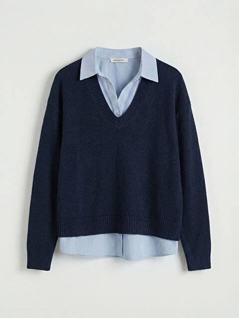 LCWAIKIKI Classic Gömlek Yaka Çizgili Kadın Triko Kazak	 - S6JB79Z8-E1J