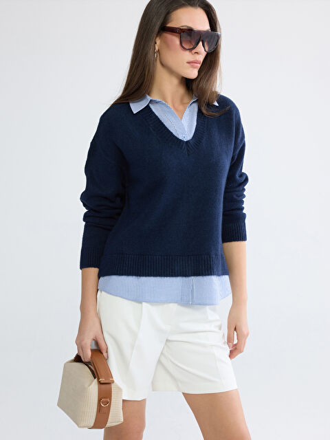 LCWAIKIKI Classic Gömlek Yaka Çizgili Kadın Triko Kazak	 - S6JB79Z8-E1J