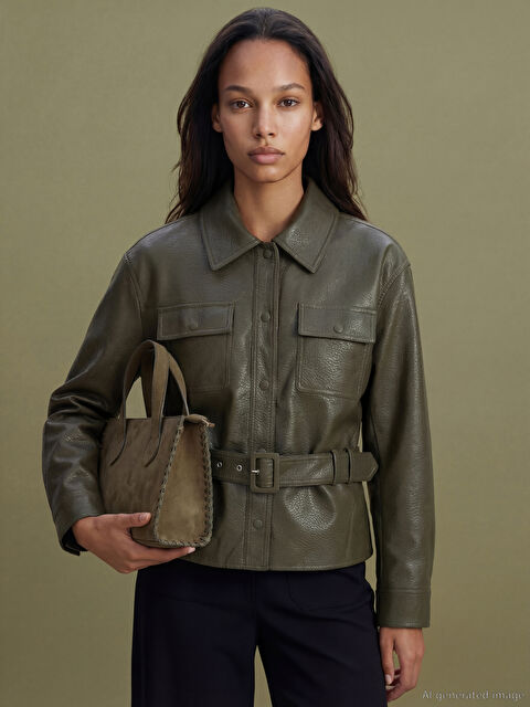 LCWAIKIKI Classic Gömlek Yaka Kemerli Kadın Deri Görünümlü Ceket - S6JC43Z8-CRR