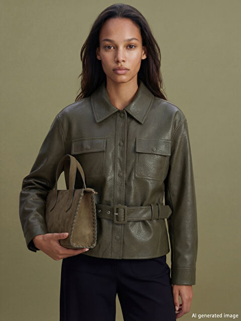 LCWAIKIKI Classic Gömlek Yaka Kemerli Kadın Deri Görünümlü Ceket - S6JC43Z8-CRR