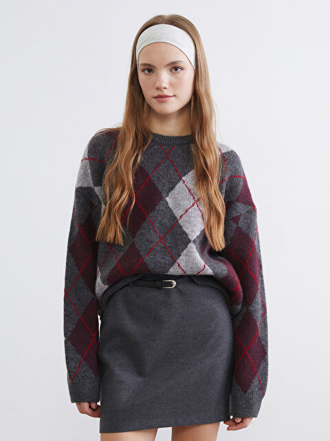 XSIDE Baklava Desenli Oversize Kadın Triko Kazak - S6JE49Z8-VDL