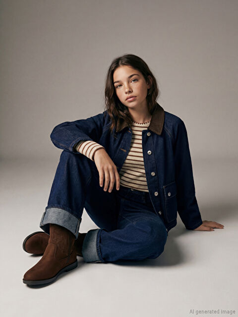 LCW Kids Fitilli Kadife Yaka Kız Çocuk Jean Ceket - S6JH55Z4-309