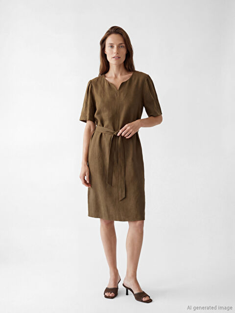 LCW Grace Notch Neck Embroidered A Form Linen Blend Dress
