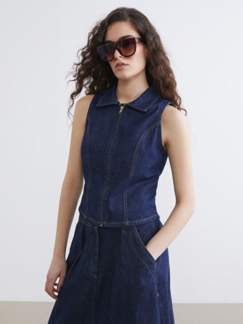 LCW Vision Gömlek Yaka Kadın Jean Yelek - S6JK01Z8-309