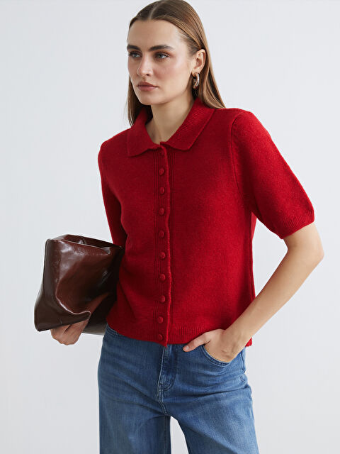 LCWAIKIKI Classic Kadın Polo Yaka Kısa Kollu Düğmeli Triko Hırka - S6JM03Z8-CRT