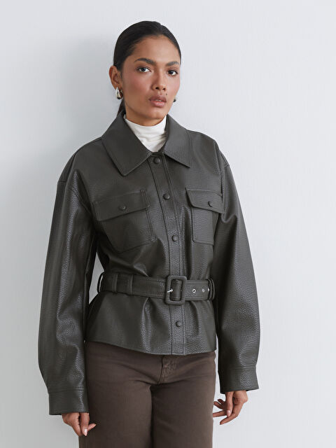 LCWAIKIKI Classic Jakna za žene sa kožnim izgledom, sa kragnom i kaišem. - S6JO08Z8-CRR