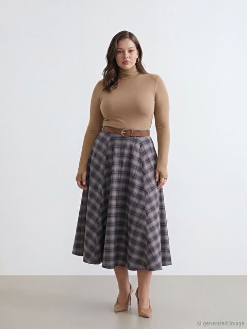 LCW STUDIO Plaid Flared Skirt with Zippered Waist - S6JQ85Z8-LLL