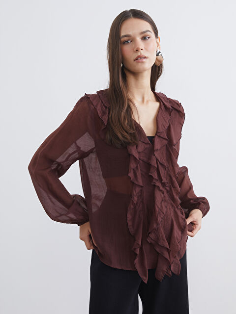 LCW Vision V Neck Frilled Chiffon Blouse - S6JR35Z8-D2N