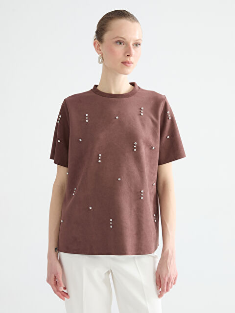 LCW ECO Bisiklet Yaka Taşlı Süet Görünümlü Bluz - S6JR42Z8-HMK