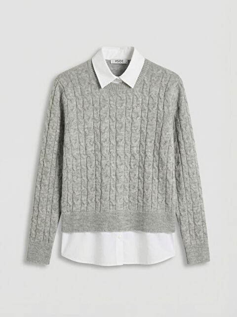 XSIDE Gömlek Yaka Kendinden Desenli Kadın Triko Kazak - S6JS50Z8-D2X