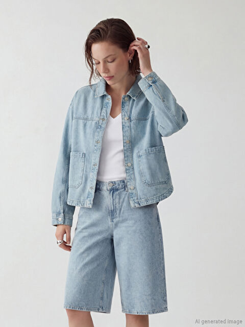 LCW Vision Gömlek Yaka Oversize Kadın Jean Ceket - S6JU87Z8-311