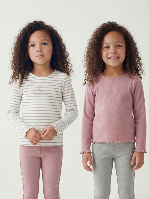 LCW Kids Bisiklet Yaka Simli Kız Çocuk Tişört 2'li - S6K073Z1-LG7