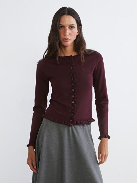 LCW Vision Cardigan Tricotat pentru Femei cu Guler Rotund și Volănașe - S6K217Z8-HHD