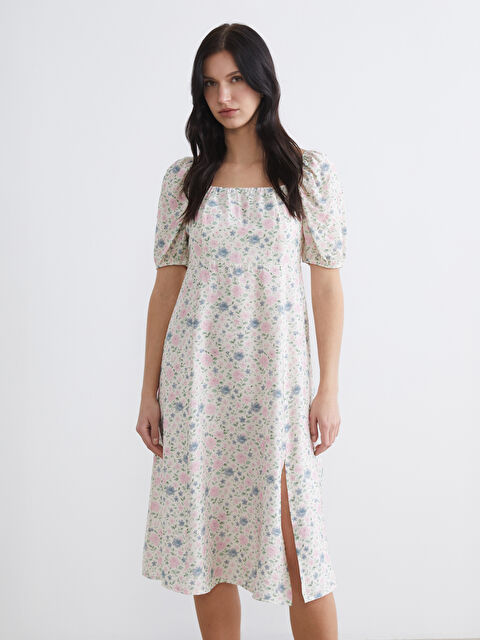 LCW Comfort Kare Yaka Çiçekli Yırtmaçlı Elbise	 - S6K241Z8-LRA