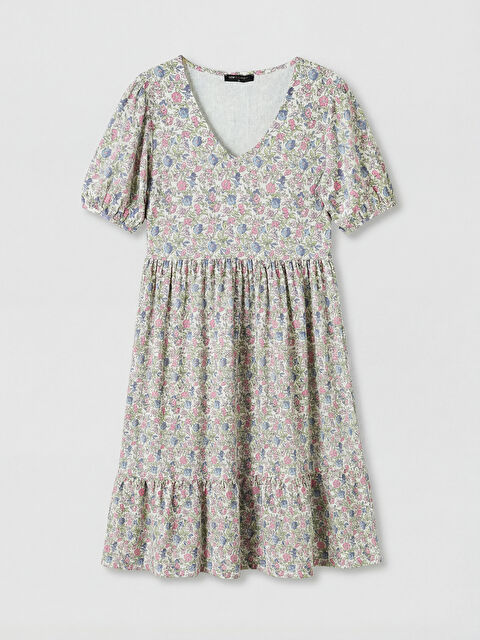 LCW Comfort V Yaka Çiçekli Balon Kollu Katkat Elbise