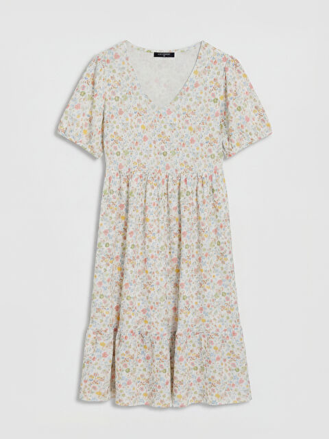 LCW Comfort V Yaka Çiçekli Balon Kollu Katkat Elbise