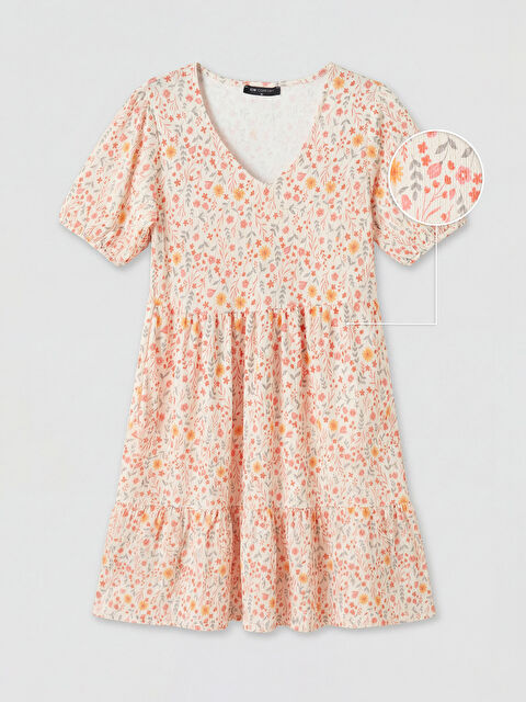 LCW Comfort V Yaka Çiçekli Balon Kollu Katkat Elbise