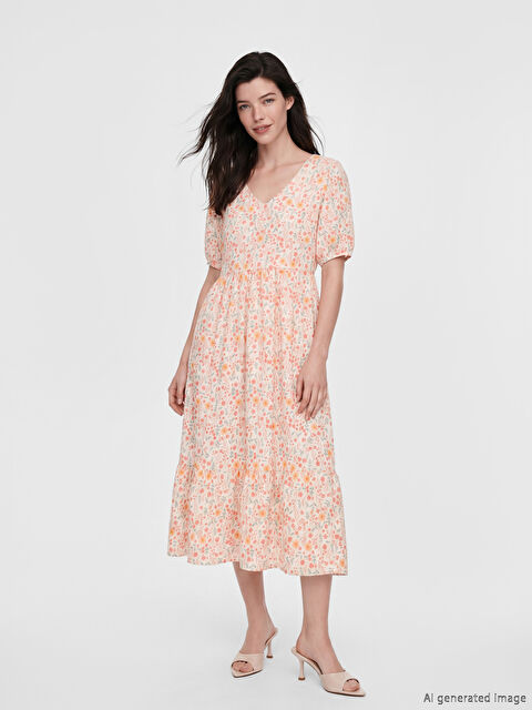 LCW Comfort V Yaka Çiçekli Balon Kollu Katkat Elbise