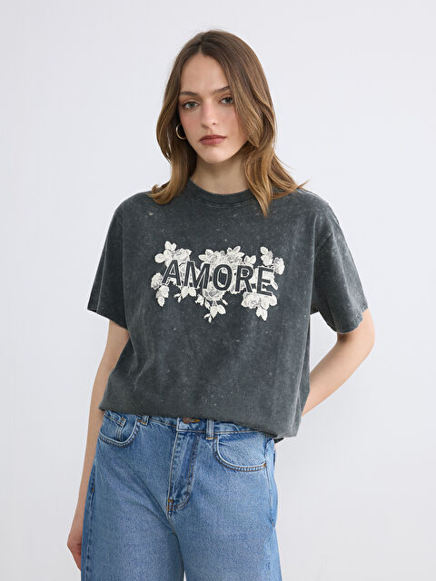 LCW Vision Bisiklet Yaka Baskılı Kadın Tişört