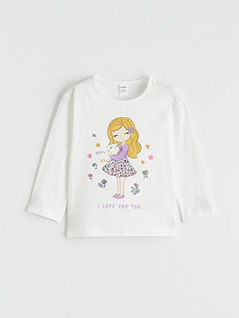 LCW Kids Bisiklet Yaka Uzun Kollu Baskılı Kız Çocuk Tişört - S6K318Z1-R9J