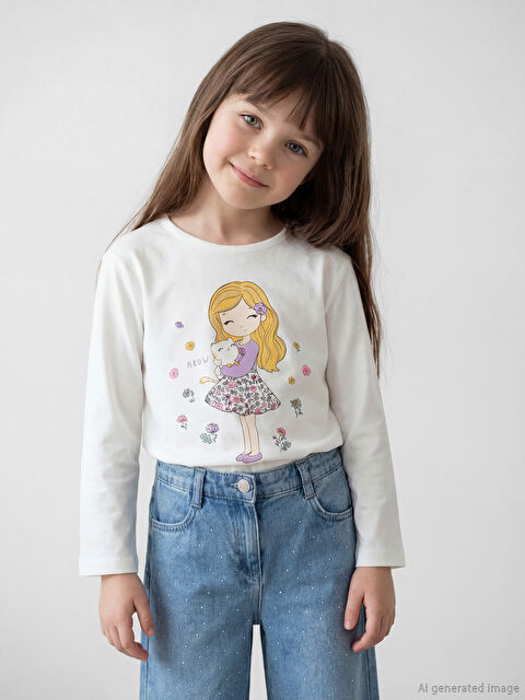LCW Kids Bisiklet Yaka Uzun Kollu Baskılı Kız Çocuk Tişört - S6K318Z1-R9J