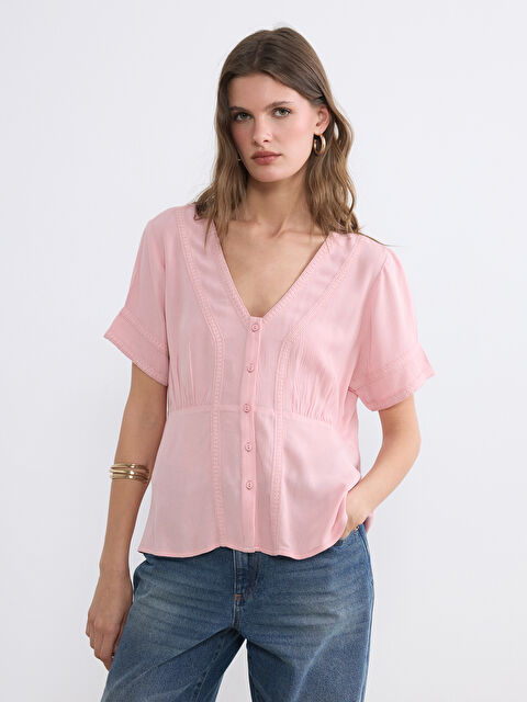 LCW EVERYDAY Women's V Neck Embroidered Ruched Blouse