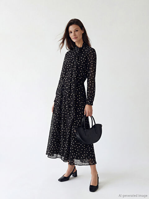 LCW Modest Dik Yaka Puantiyeli Kuşaklı A Kesim Elbise - S6K373Z8-LQJ