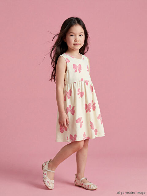 LCW Kids Bisiklet Yaka Fiyonk Baskılı Kız Çocuk Elbise