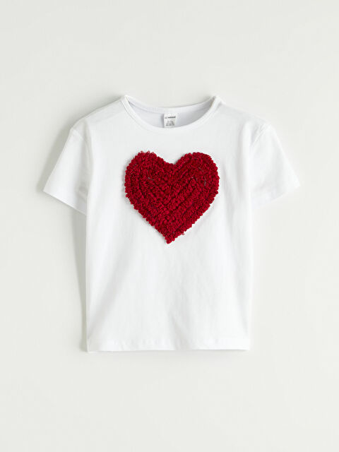 LCW ECO Bisiklet Yaka Kalp Nakışlı Kız Çocuk Tişört - S6K527Z1-J5E