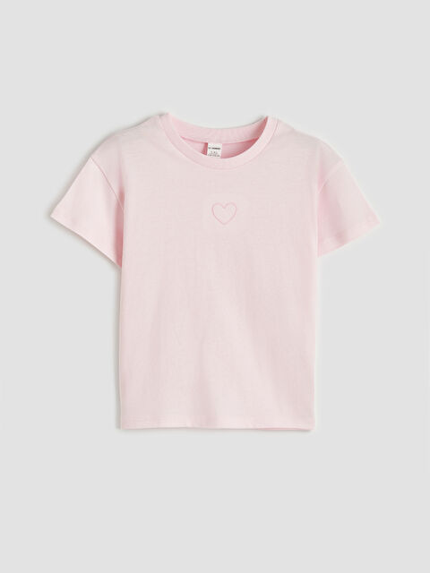 LCW Kids Kalp Nakışlı Kız Çocuk Penye Tişört - S6K685Z1-QWN