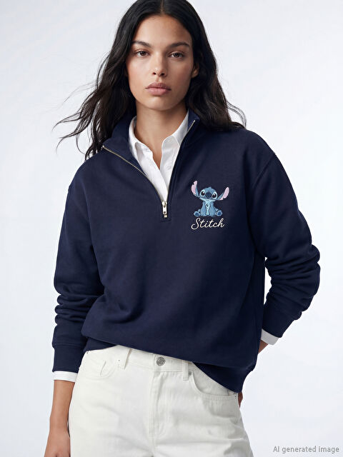 XSIDE Stitch Baskılı Oversize Kadın Kalın Sweatshirt - S6K717Z8-ZN9