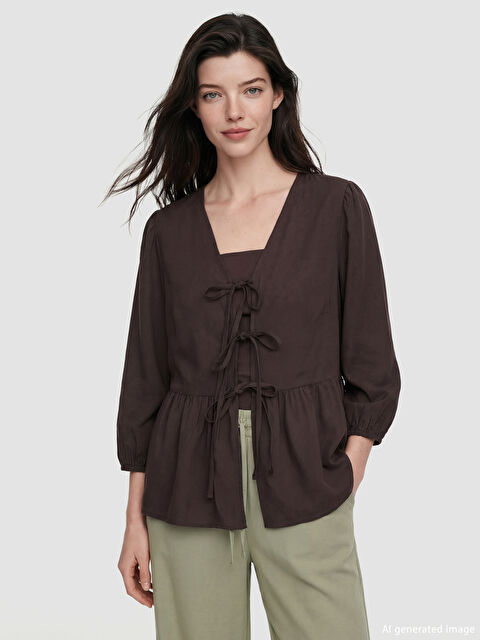 LCW Comfort V Yaka Fiyonklu Bağlamalı Bluz - S6K762Z8-HMK