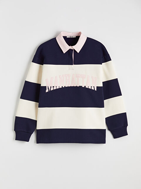 XSIDE Polo Yaka Nakışlı Oversize Kadın Kalın Sweatshirt - S6K878Z8-LGS