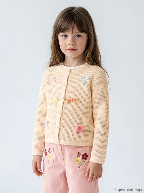 LCW Kids Kız Çocuk Fiyonk Nakışlı Triko Hırka - S6K888Z1-S37